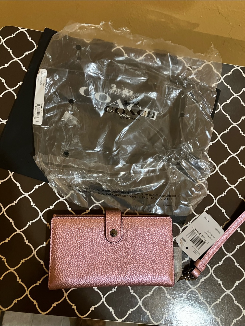 Coach Metallic Rose Pink  & brown Leather Wristlet Wallet